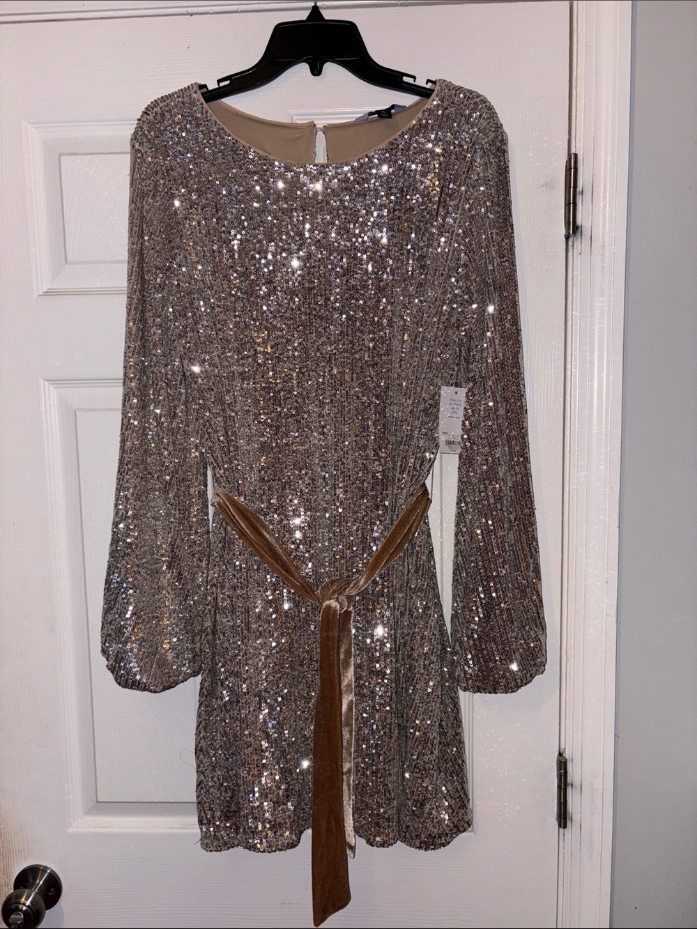 Long-Sleeve Sequined Party Dress with Velvet Waist Tie - Champagne/Taupe